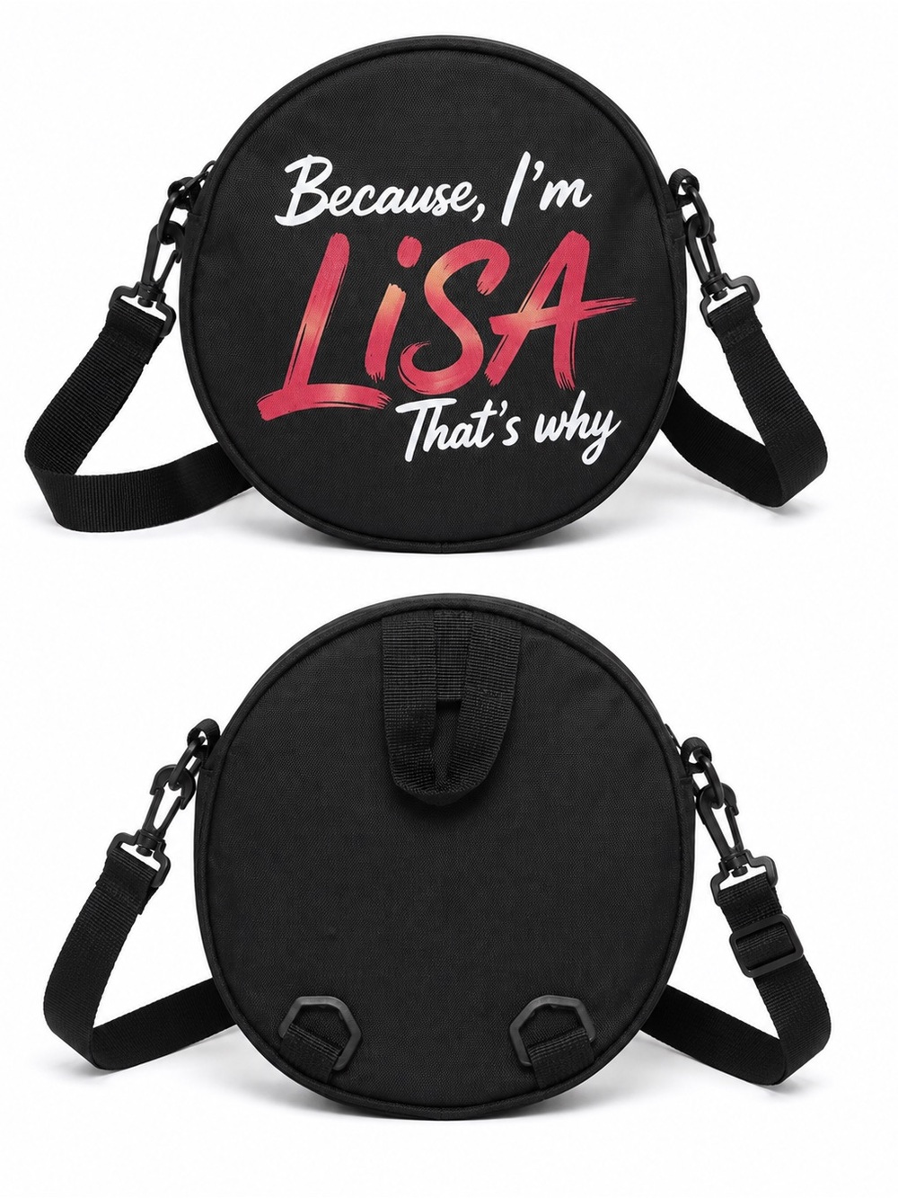 Personalized Round Crossbody Bag - Black with Pink Script
